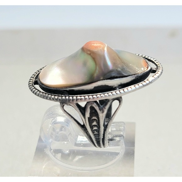 Antique Art Nouveau Sterling Silver Irridescent Abalone Blister Pearl Ring -Sz 3 - Picture 3 of 13